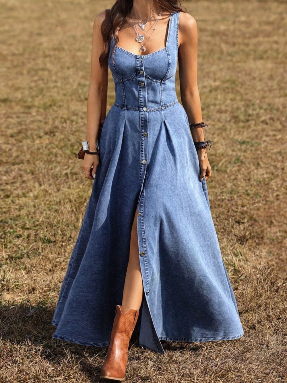Blue Casual Women's Sweetheart Collar Single-Breasted Sleeveless Denim Dress - Picture 5 of 7